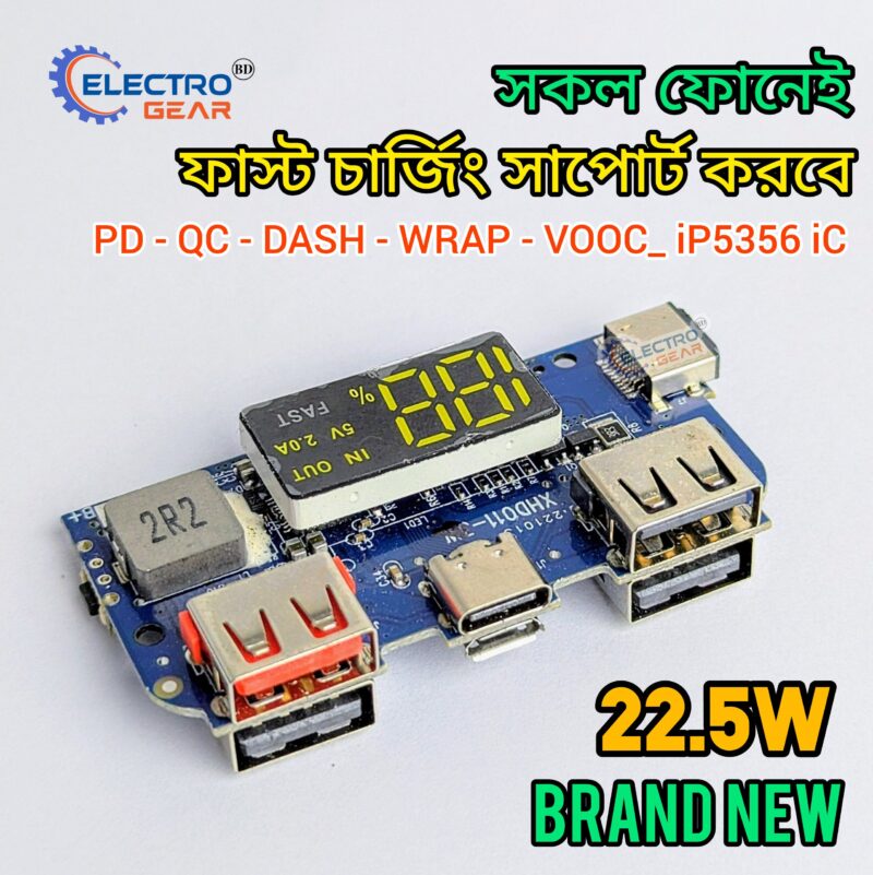 22.5W Power Bank Circuit IP5356 TYPE-C Micro 4 USB PD QC with Display